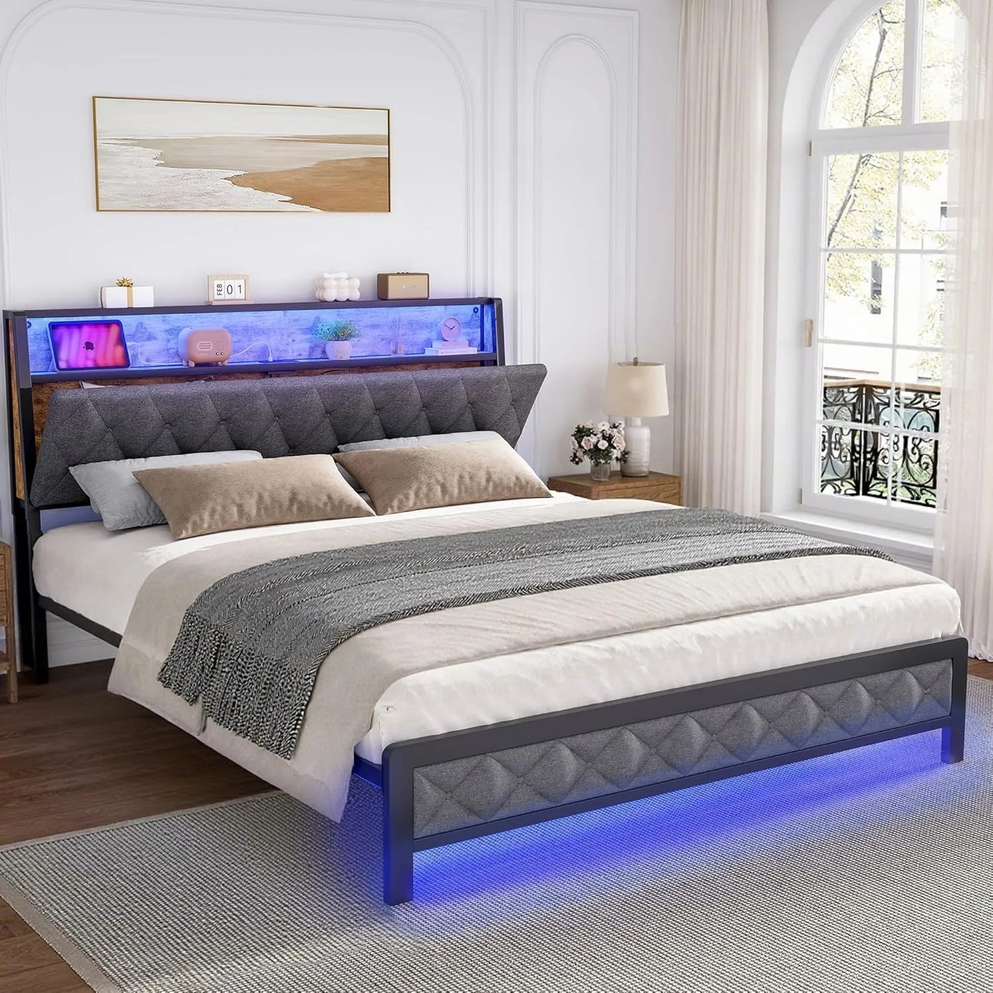 Queen Size Bed Frame with Storage Headboard and Charging Station, Upholstered Bed Frame Queen Size with LED Lights, Platform Bed
