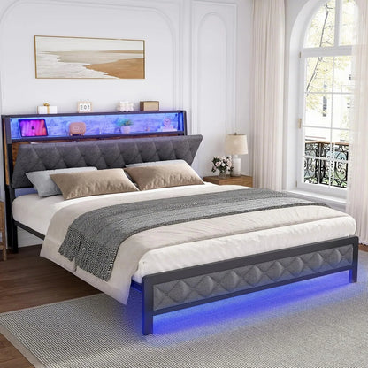 Queen Size Bed Frame with Storage Headboard and Charging Station, Upholstered Bed Frame Queen Size with LED Lights, Platform Bed