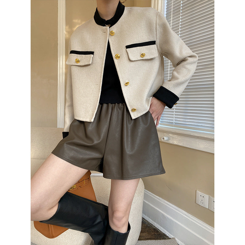 Loose A-line wide leg elastic short leather pants