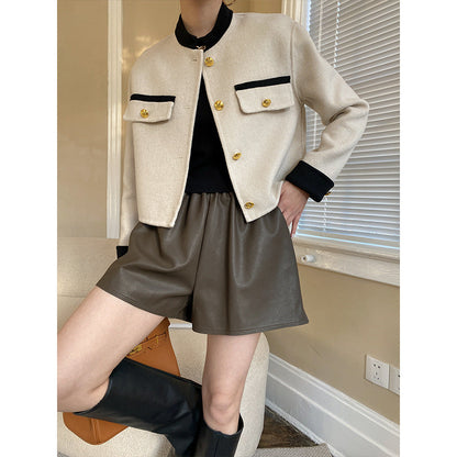 Loose A-line wide leg elastic short leather pants