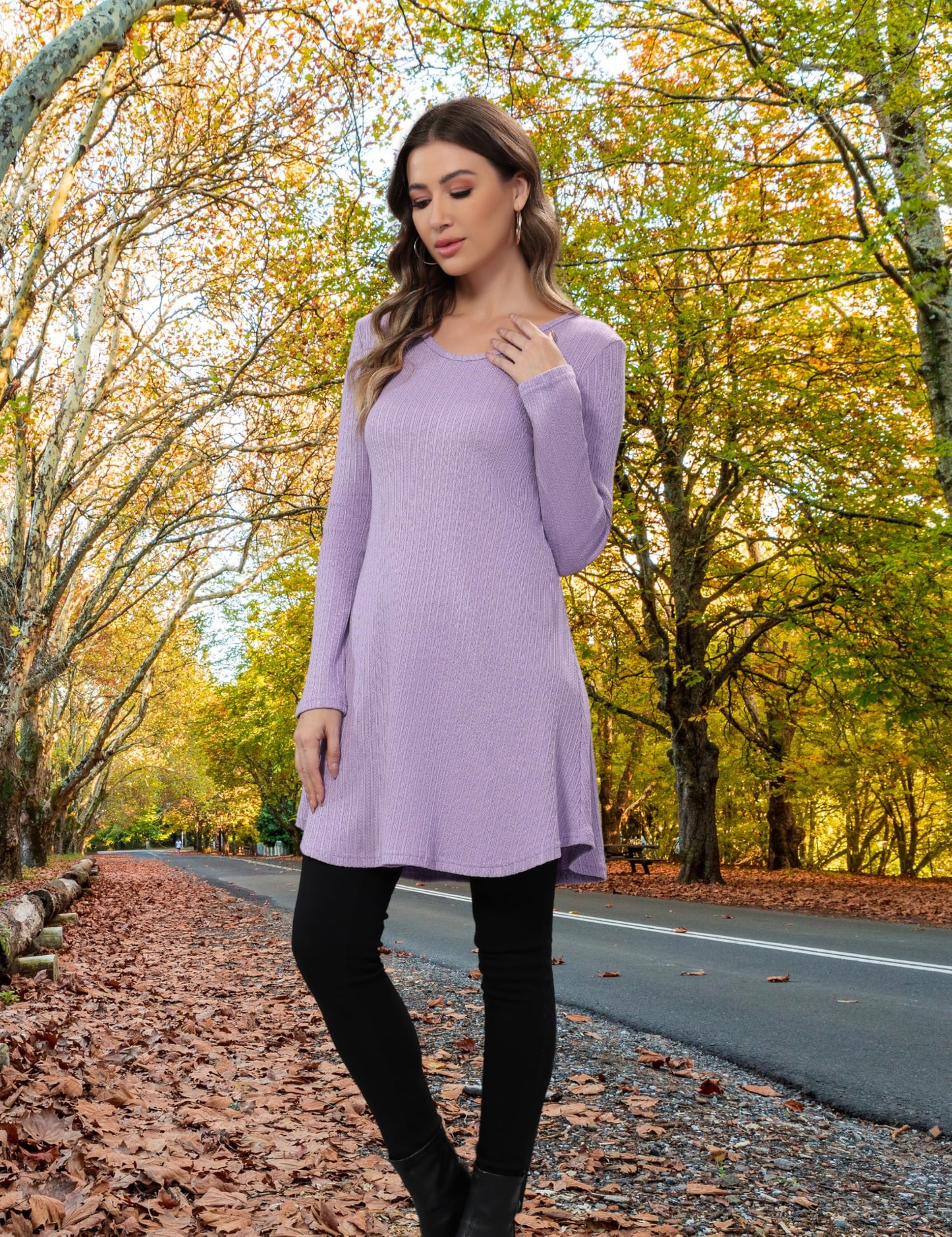 Aphratti Womens Sweater Dress Tunic Top Long Sleeve Casual Lavender L