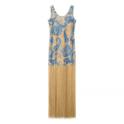 Elegant Sleeveless Printed Tassel Spliced Dress with Style
