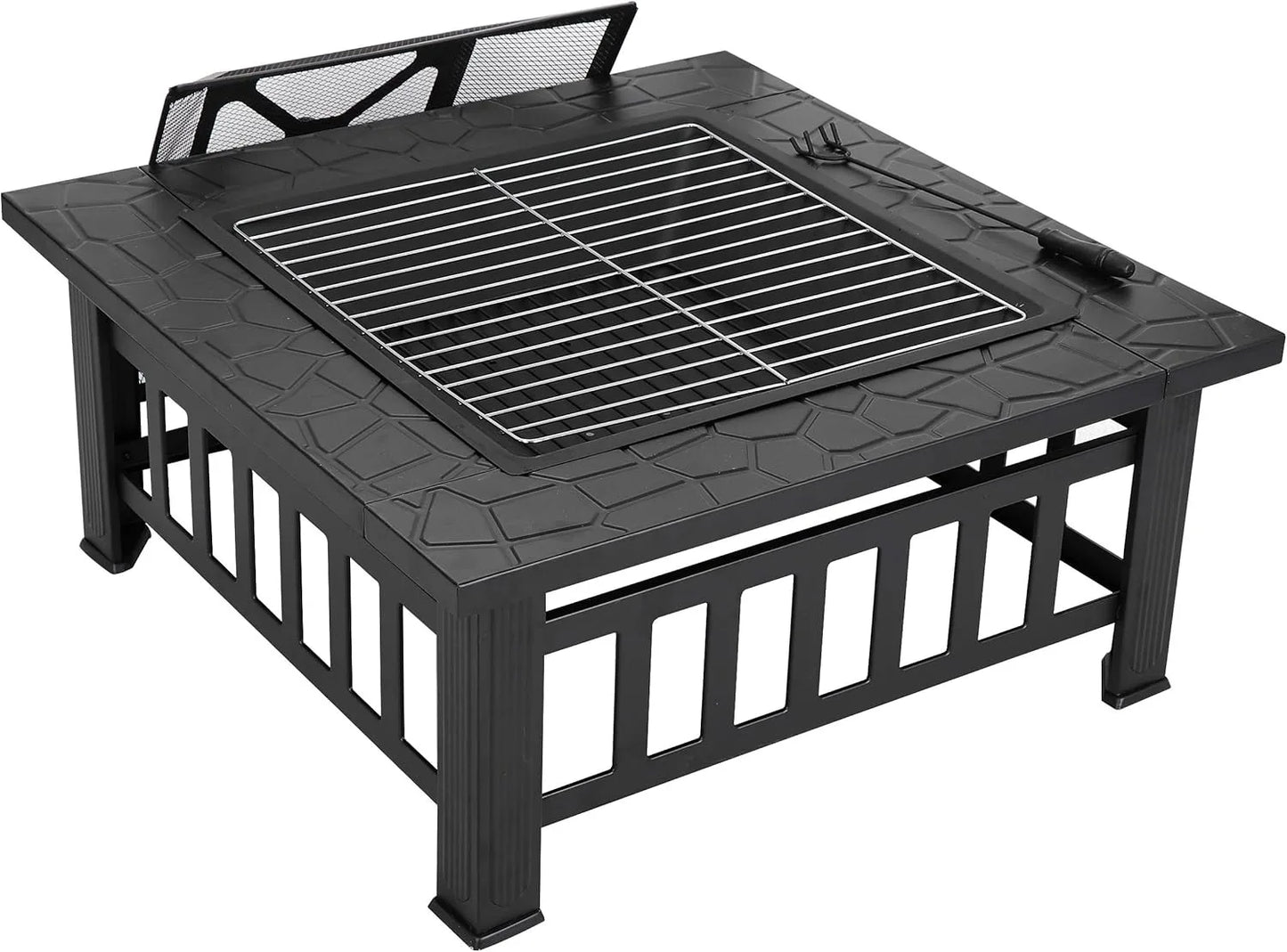 32 Inch Outdoor Fire Pit with Spark Screen Lid and Waterproof Cover, Square Metal Firepit Backyard Patio BBQ Garden Stove Firepl