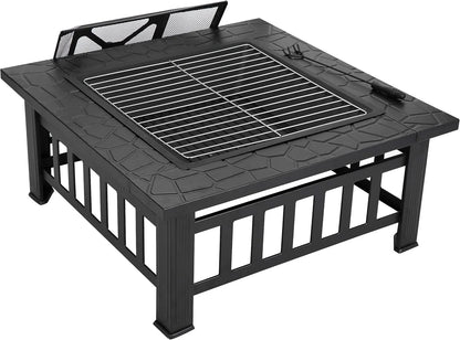 32 Inch Outdoor Fire Pit with Spark Screen Lid and Waterproof Cover, Square Metal Firepit Backyard Patio BBQ Garden Stove Firepl