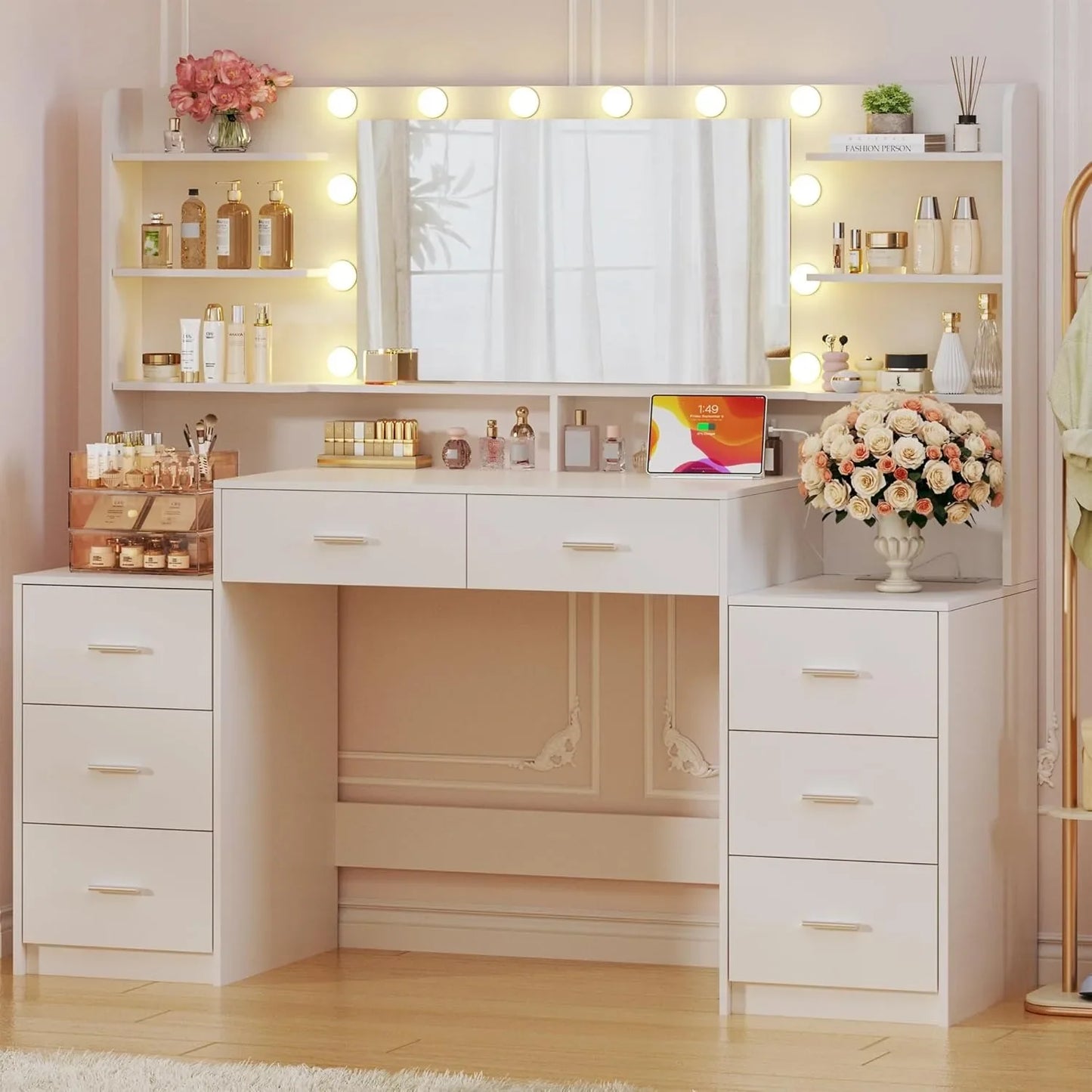 Large Vanity Desk with Mirror， White Makeup Vanity with 8 Drawers & 6 Storage Shelves, Vanity Set
