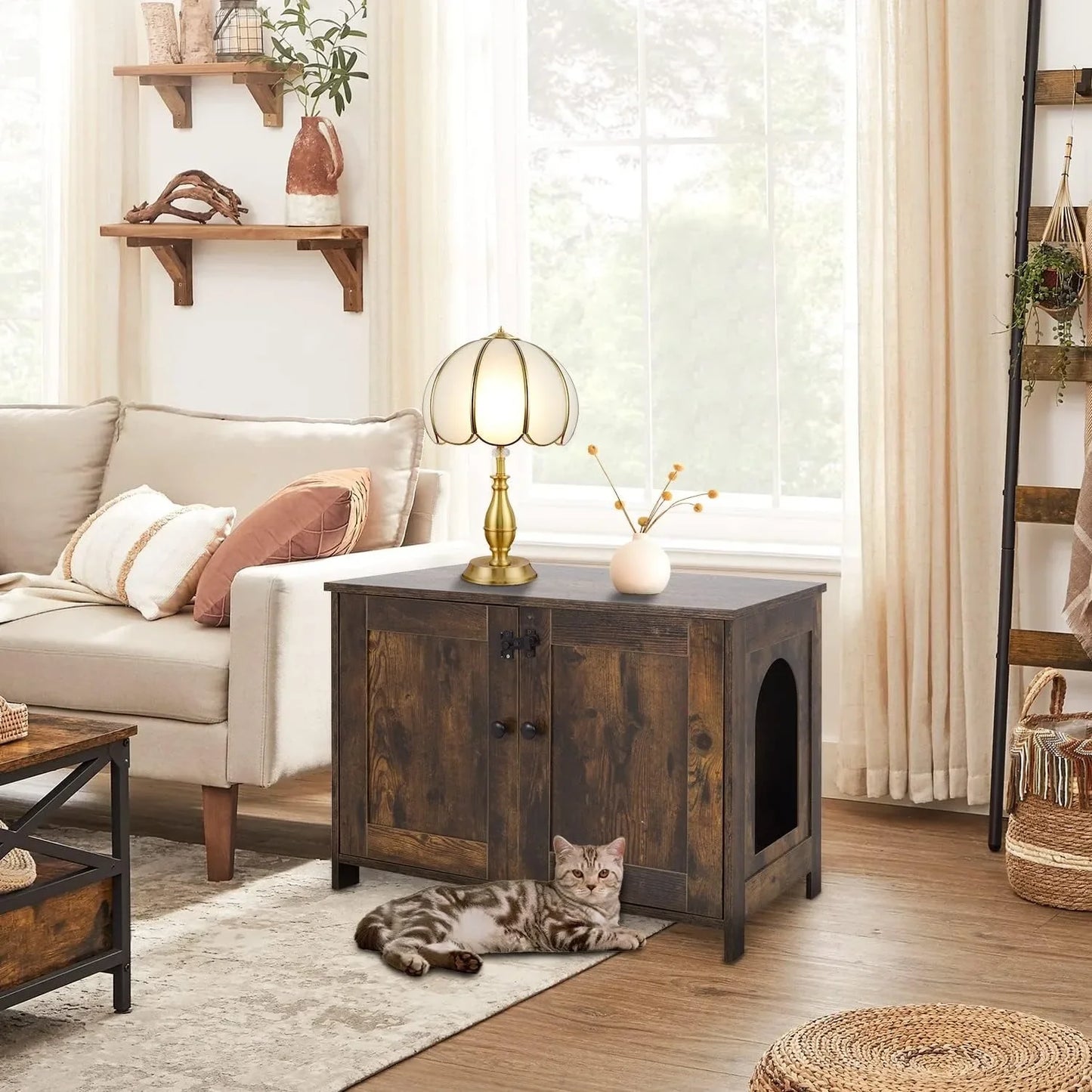 Cat Littler Box Enclosure, Wooden Cat Litter Box Furniture Hidden with Removable Divider & Reversible Entrance, Cats Wash