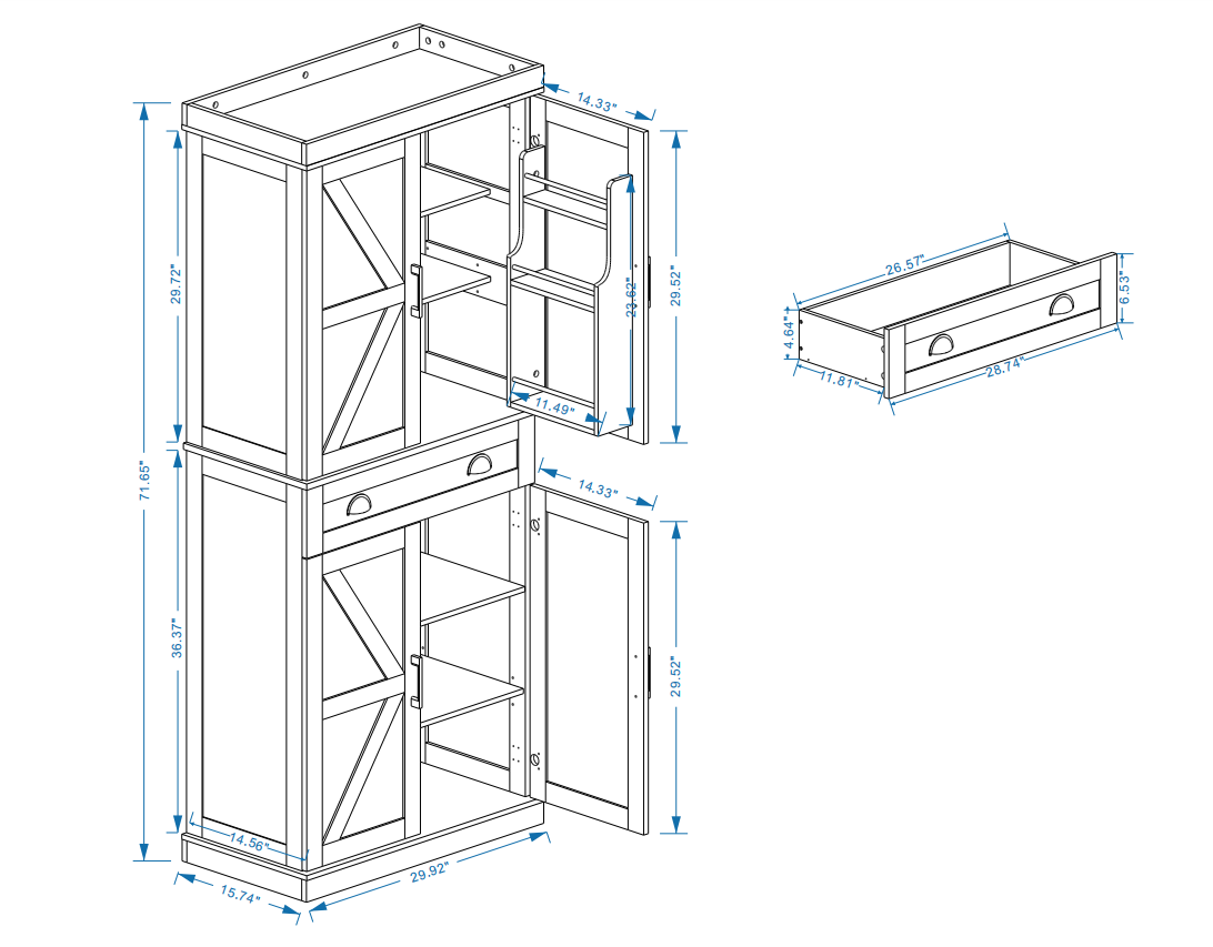 71" Kitchen Pantry Storage Cabinet with 4 Doors(2Doors with Racks)1 Drawer 2 Adjustable Shelves Freestanding Cupboard