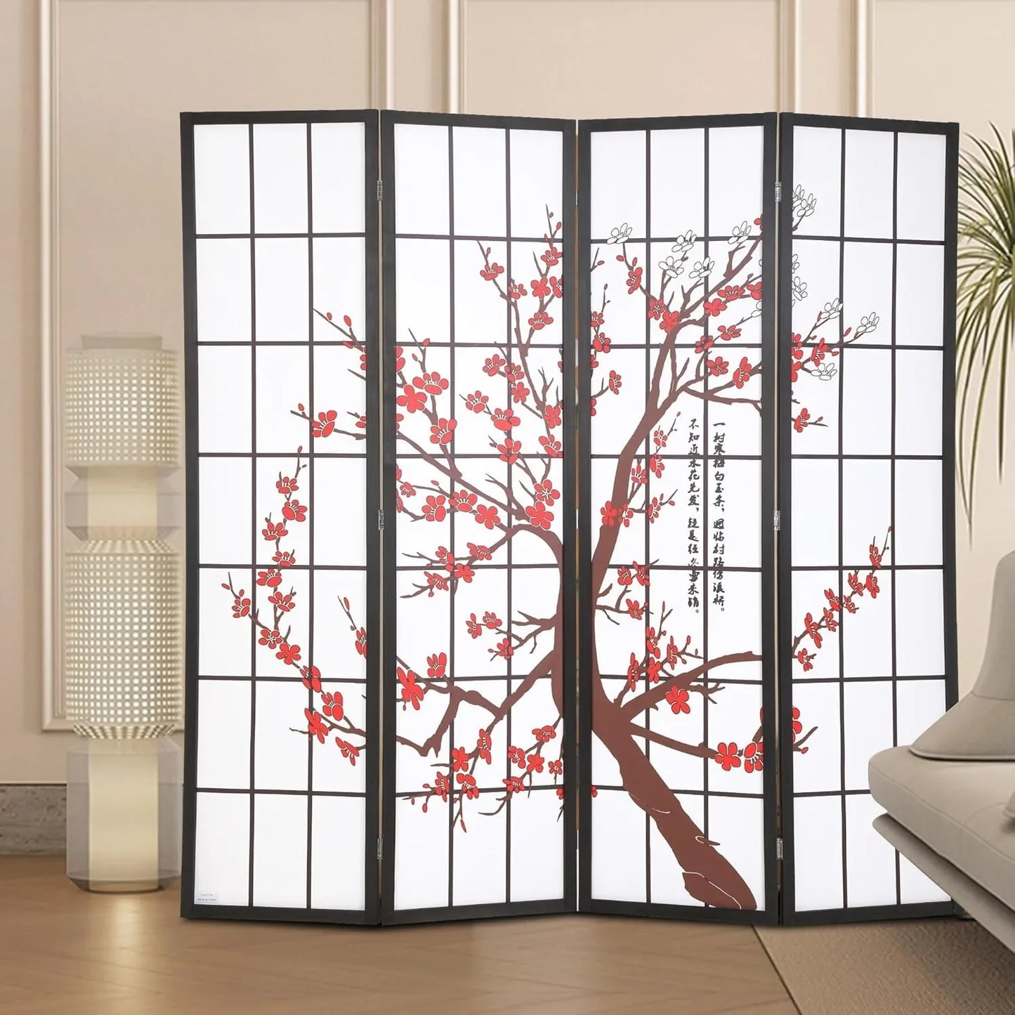 6ft Folding Privacy Divider 4 Panels Oriental Shoji Screen Wall Divider Wood Divider Portable Freestanding Partitio