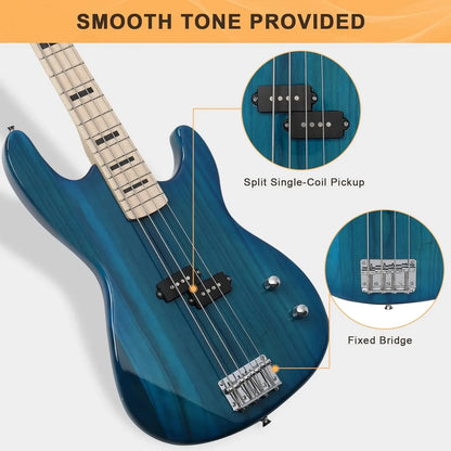 GP Series Full Size Electric Bass Guitar 4 String Beginner Kit Canadian Maple Fingerboard with Cable, Strap, Bag and Acce