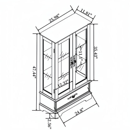 Light colored glass cabinet with adjustable glass frame, including cabinet light bulbs OAK with 2 doors and 1 drawer