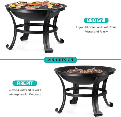 22Inches Fire Pit Outdoor Steel Wood Burning BBQ Grill Firepit Bowl Fireplace with Mesh Screen & Fire Poker, Log Grate