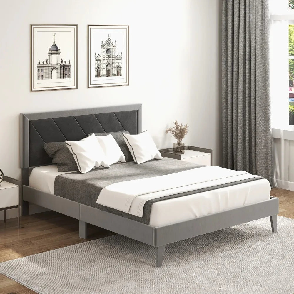 Queen Platform Bed Frame Velvet Upholstered w/ High Headboard & Wooden Slats