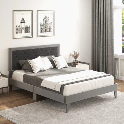 Queen Platform Bed Frame Velvet Upholstered w/ High Headboard & Wooden Slats