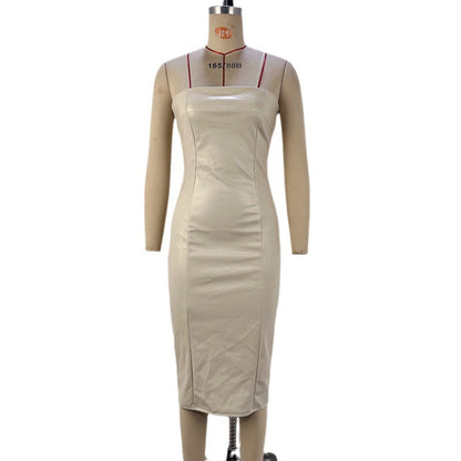 Women's Solid Color PU Leather Sexy Strapless Waist-Cinching Bodycon Dress
