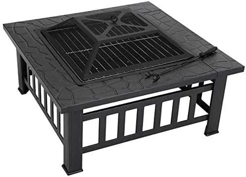 32 Inch Outdoor Fire Pit with Spark Screen Lid and Waterproof Cover, Square Metal Firepit Backyard Patio BBQ Garden Stove Firepl