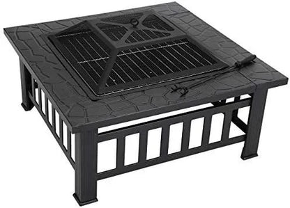 32 Inch Outdoor Fire Pit with Spark Screen Lid and Waterproof Cover, Square Metal Firepit Backyard Patio BBQ Garden Stove Firepl
