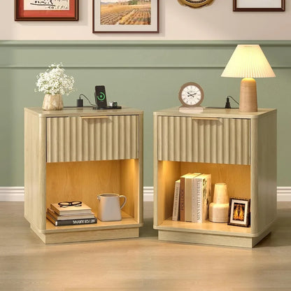 Night Stand with Charging Station & Led Light, 19" W Fluted Nightstand Round Edge, Wood Nightstand Mid Century Modern End Table,