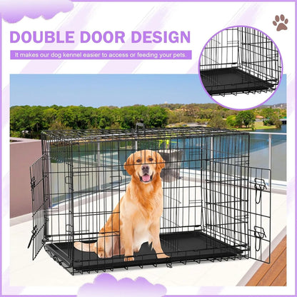 42 Inch Dog Crate, Double Door Folding Metal Wire Dog Cage with Divider and Tray, Pet Kennel Cage for Large Medium Small Dogs, L