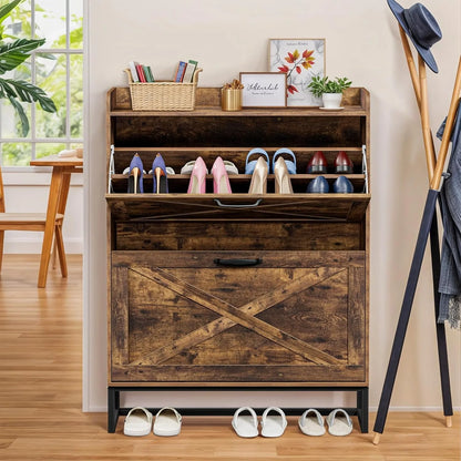 Shoe Cabinet with 2 Flip Drawers, Hidden Shoe Storage Cabinet for Entryway, Narrow Shoe Rack, Freestanding Slim Shoe