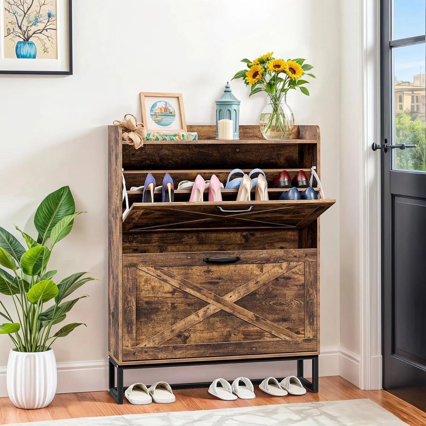 Shoe Cabinet with 2 Flip Drawers, Hidden Shoe Storage Cabinet for Entryway, Narrow Shoe Rack, Freestanding Slim Shoe