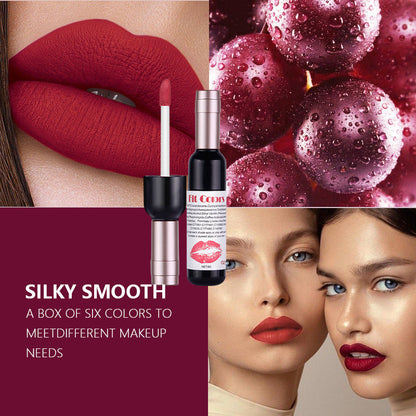 Fit Colors Red Wine Bottle Non Stick Cup Matte Lip Gloss Fog Face Velvet Lip Gloss Liquid Lipstick 6 Pcs Set
