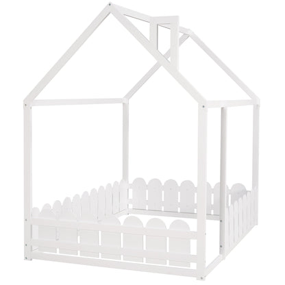 (Slats are not included) Full Size Wood Bed House Bed Frame with Fence for Kids Teens Girls Boys (White )