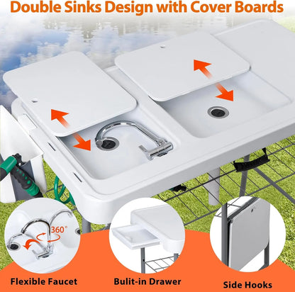 Fish Cleaning Table with Sink, 42.4" Width Portable Folding Camping Table, Outdoor Fish Cleaning Station with Grid Rack and