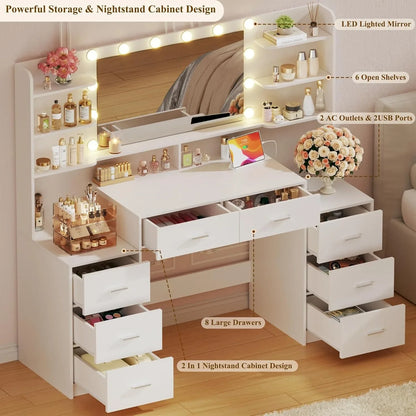 Large Vanity Desk with Mirror， White Makeup Vanity with 8 Drawers & 6 Storage Shelves, Vanity Set