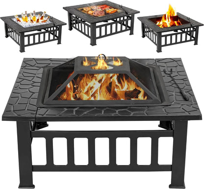 32 Inch Outdoor Fire Pit with Spark Screen Lid and Waterproof Cover, Square Metal Firepit Backyard Patio BBQ Garden Stove Firepl