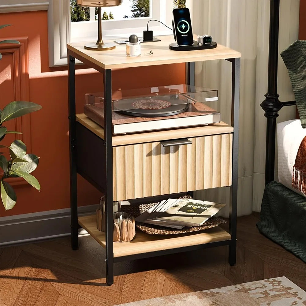 Night Stand with Charging Station & Led Light, 19" W Fluted Nightstand Round Edge, Wood Nightstand Mid Century Modern End Table,