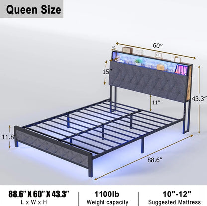 Queen Size Bed Frame with Storage Headboard and Charging Station, Upholstered Bed Frame Queen Size with LED Lights, Platform Bed