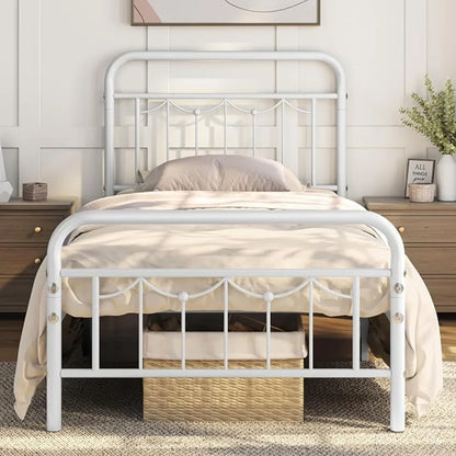 Metal Bed Frames with Vintage Headboard and Footboard, Farmhouse Metal Platform Bed, Heavy Duty Steel Slat Support, Ample Under-