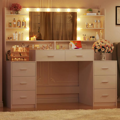 Large Vanity Desk with Mirror， White Makeup Vanity with 8 Drawers & 6 Storage Shelves, Vanity Set