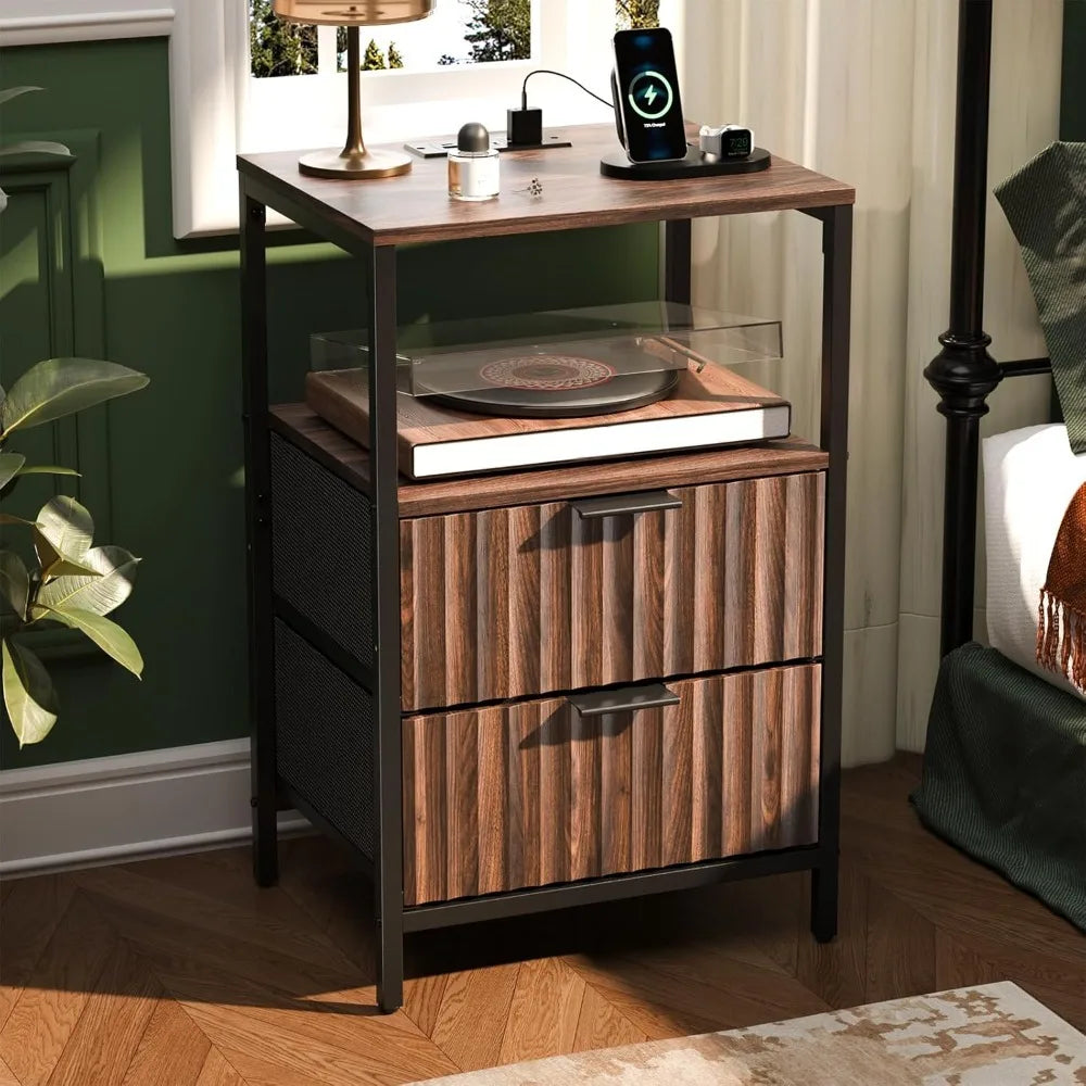 Black Nightstands Set of 2 with Fabric Drawers, Fluted Nightstands with Charging Station, Night Stand Set of 2, Small Bedside Ta
