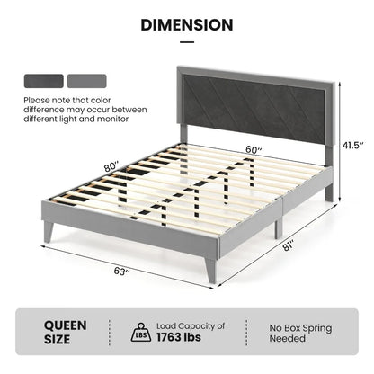 Queen Platform Bed Frame Velvet Upholstered w/ High Headboard & Wooden Slats