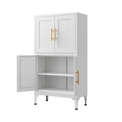 White metal kitchen storage cabinet, kitchen pantry storage cabinet with door and shelf, adjustable leveling feet