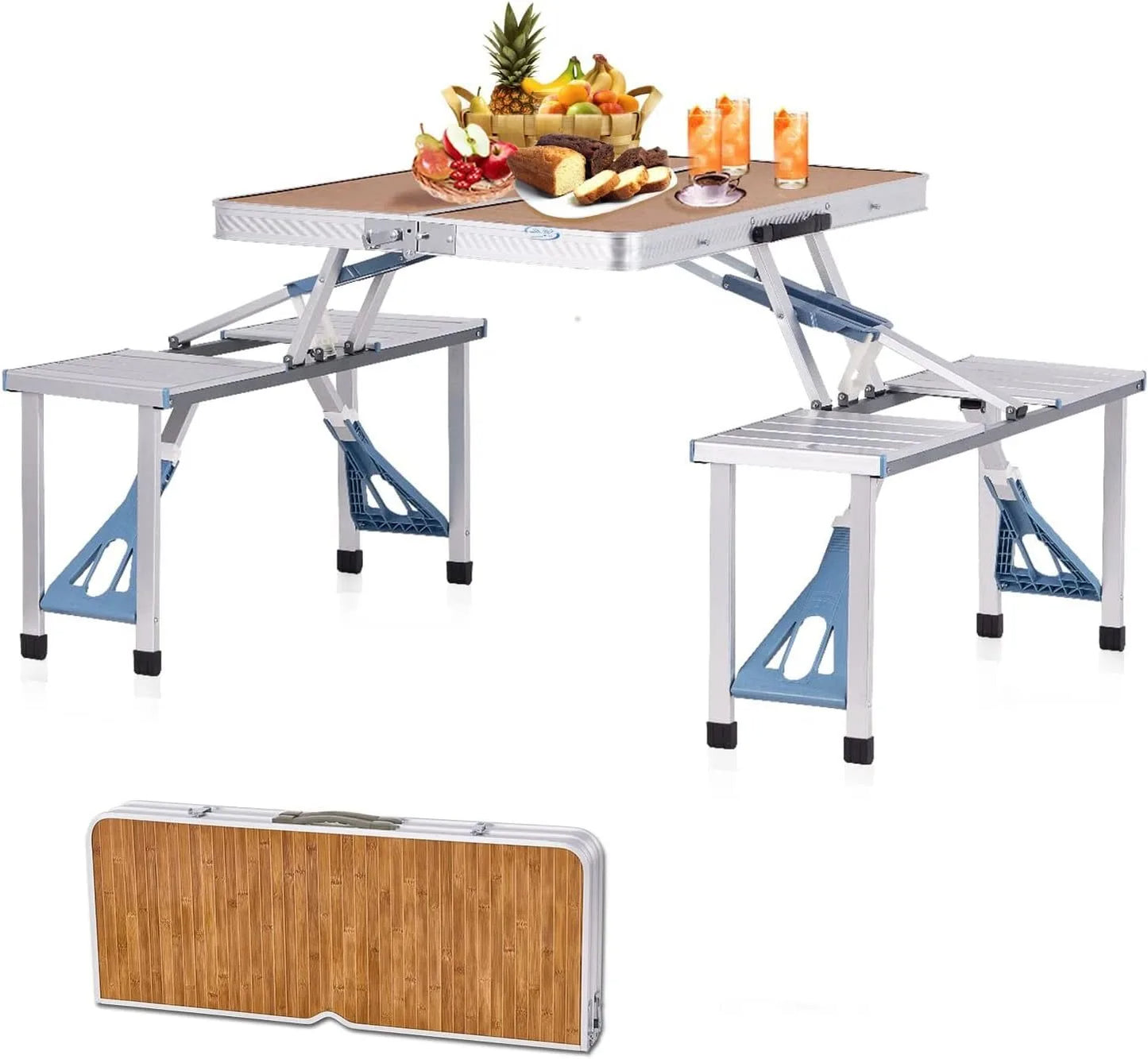 Folding Picnic Table with Seats Chairs and Umbrella Hole, Portable 4-Person Fold Up Travel Picnic Table for Indoor Out