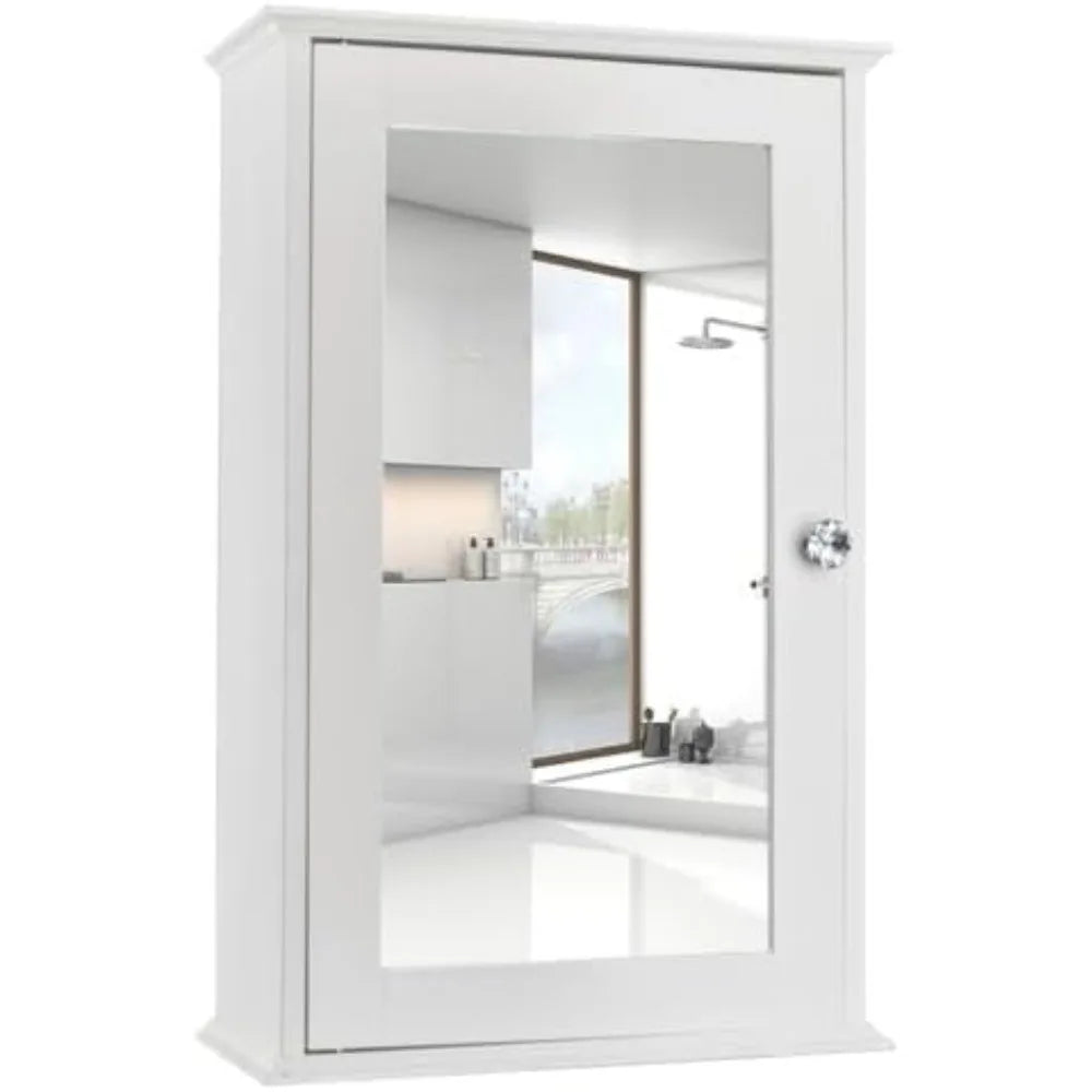 Wooden Medicine Cabinet White Wall Mounted Bathroom Cabinet with Single Mirror Door & Adjustable Shelves for Bathroom, Living Ro