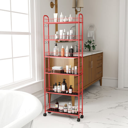Red 6-story rolling cart gap kitchen ultra-thin sliding out storage tower shelf with wheels, 6 baskets