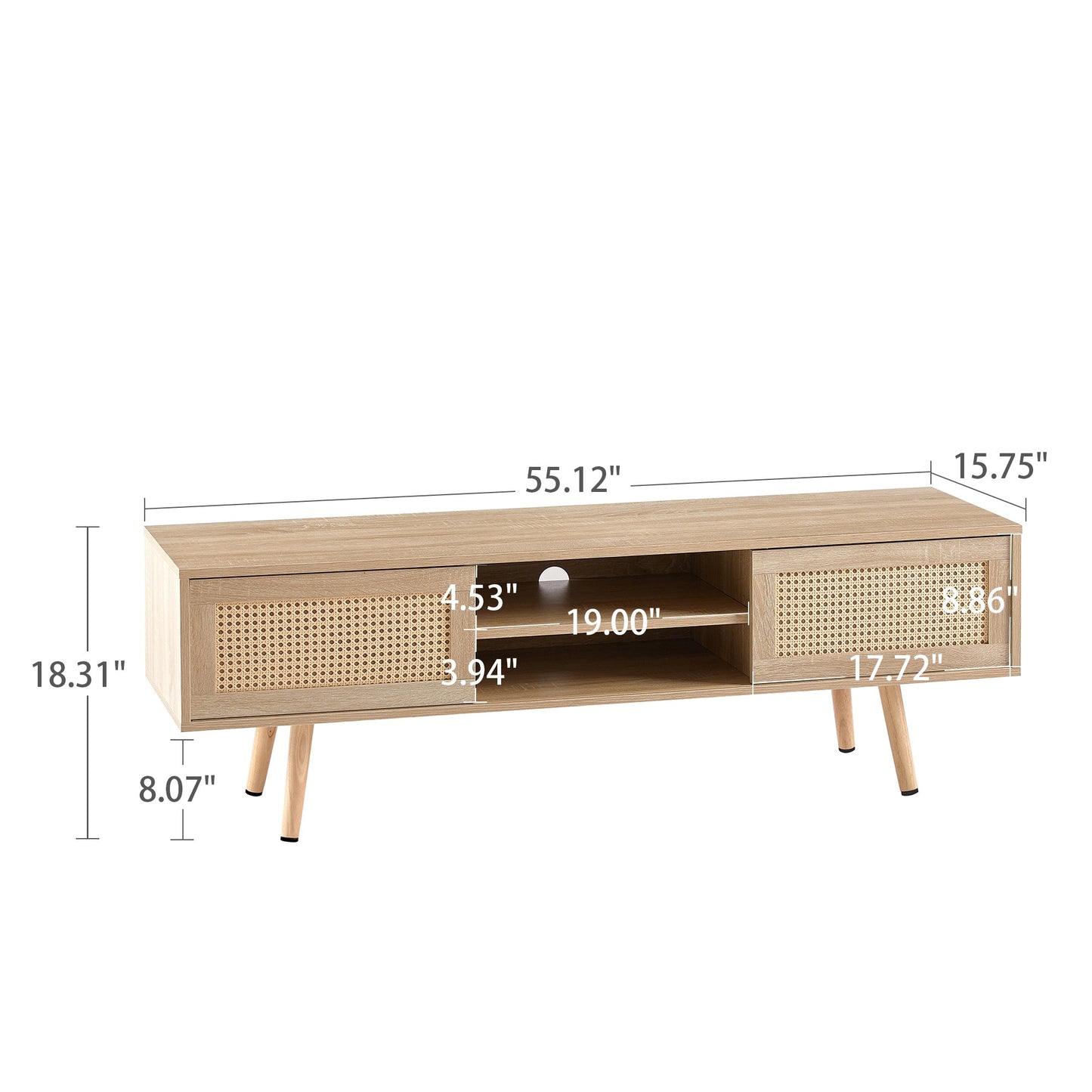 55.12" Rattan TV cabinet double sliding doors for storage adjustable shelf solid wood legs TV console for living room natural