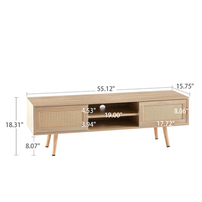 55.12" Rattan TV cabinet double sliding doors for storage adjustable shelf solid wood legs TV console for living room natural