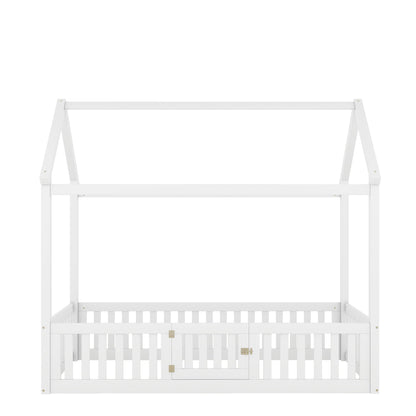 Twin Size Wood House Bed with Fence and Door, White