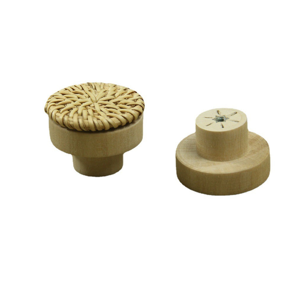 Vine woven circular cake wooden handle cabinet door rattan woven wooden handle single hole raw wood color handle