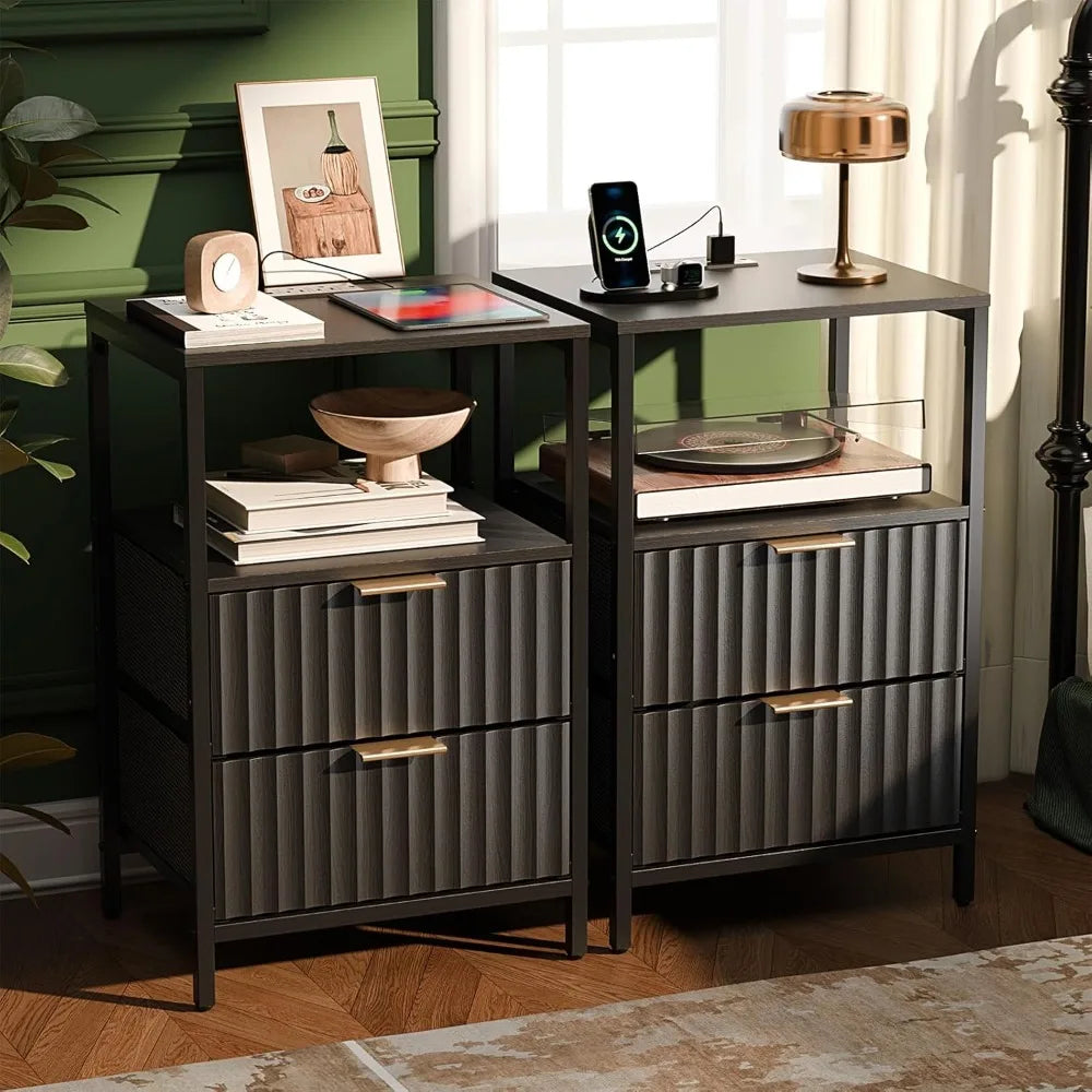 Night Stand with Charging Station & Led Light, 19" W Fluted Nightstand Round Edge, Wood Nightstand Mid Century Modern End Table,