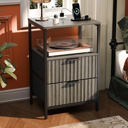 Night Stand with Charging Station & Led Light, 19" W Fluted Nightstand Round Edge, Wood Nightstand Mid Century Modern End Table,