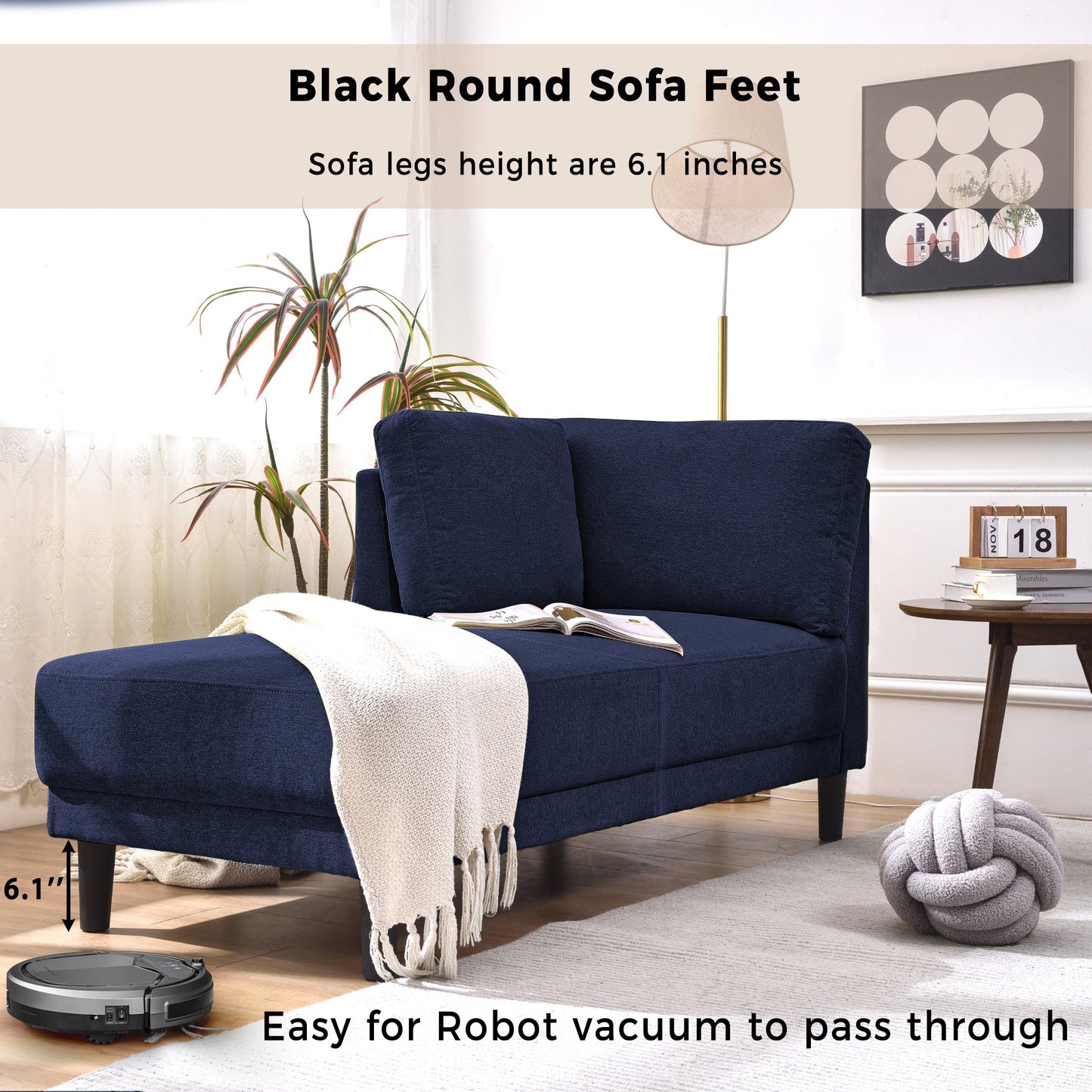 65" Mid-Century Modern Linen Fabric Corner Lounge Chair, Upholstered Indoor Chaise Lounge Solid Wood Sofa Bed for Bedroom