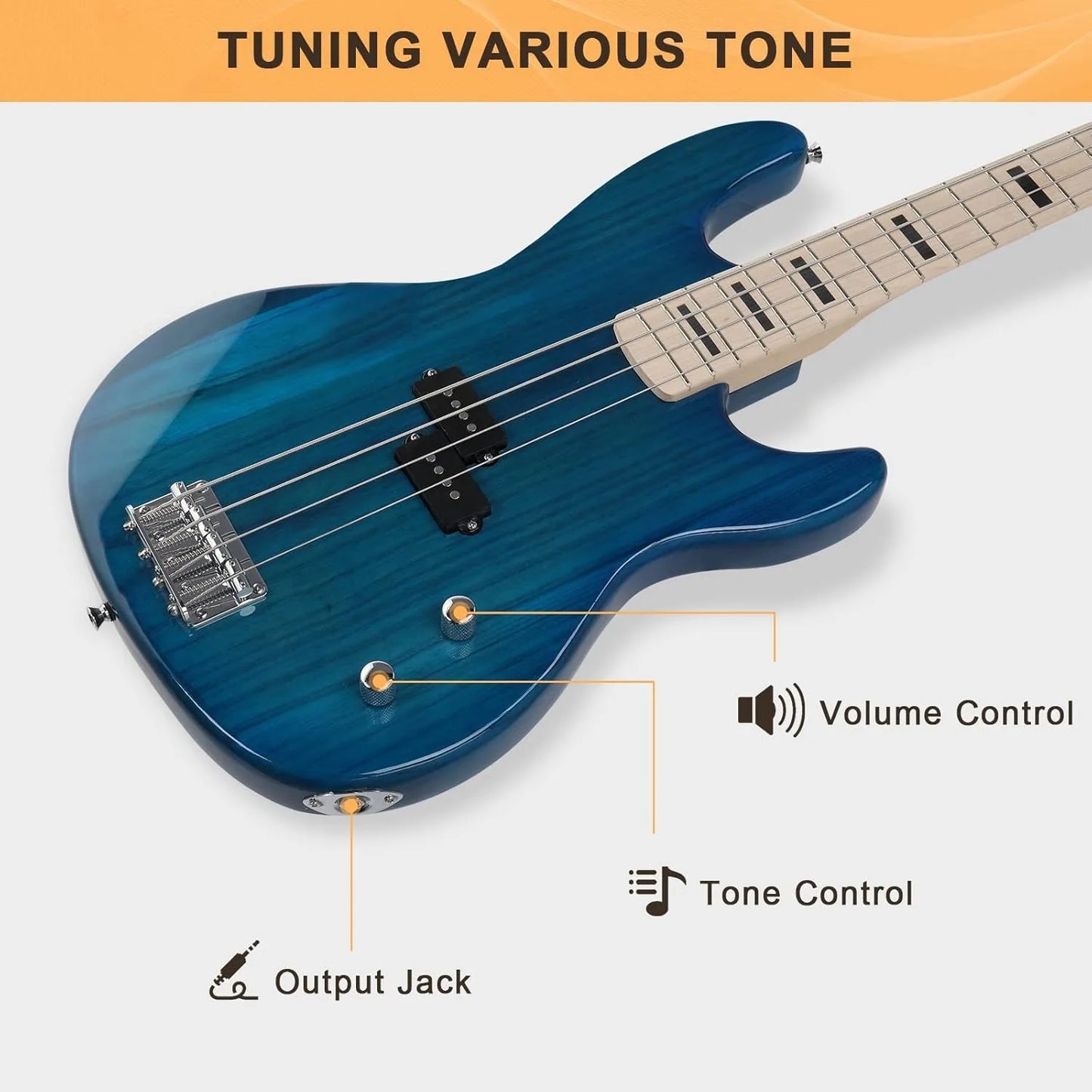 GP Series Full Size Electric Bass Guitar 4 String Beginner Kit Canadian Maple Fingerboard with Cable, Strap, Bag and Acce