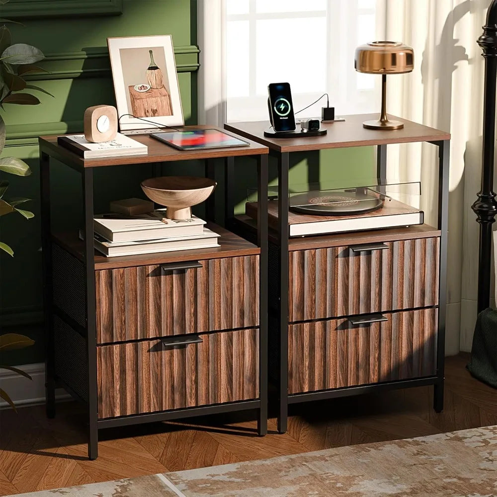 Night Stand with Charging Station & Led Light, 19" W Fluted Nightstand Round Edge, Wood Nightstand Mid Century Modern End Table,