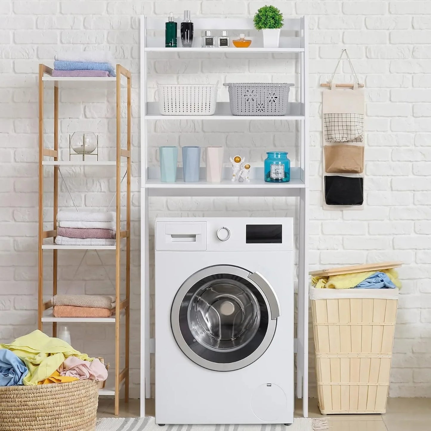 3 Tiers Over The Toilet Bathroom Storage Shelf, Freestanding Wooden Bathroom Organizer Rack with Shelves for Laundry