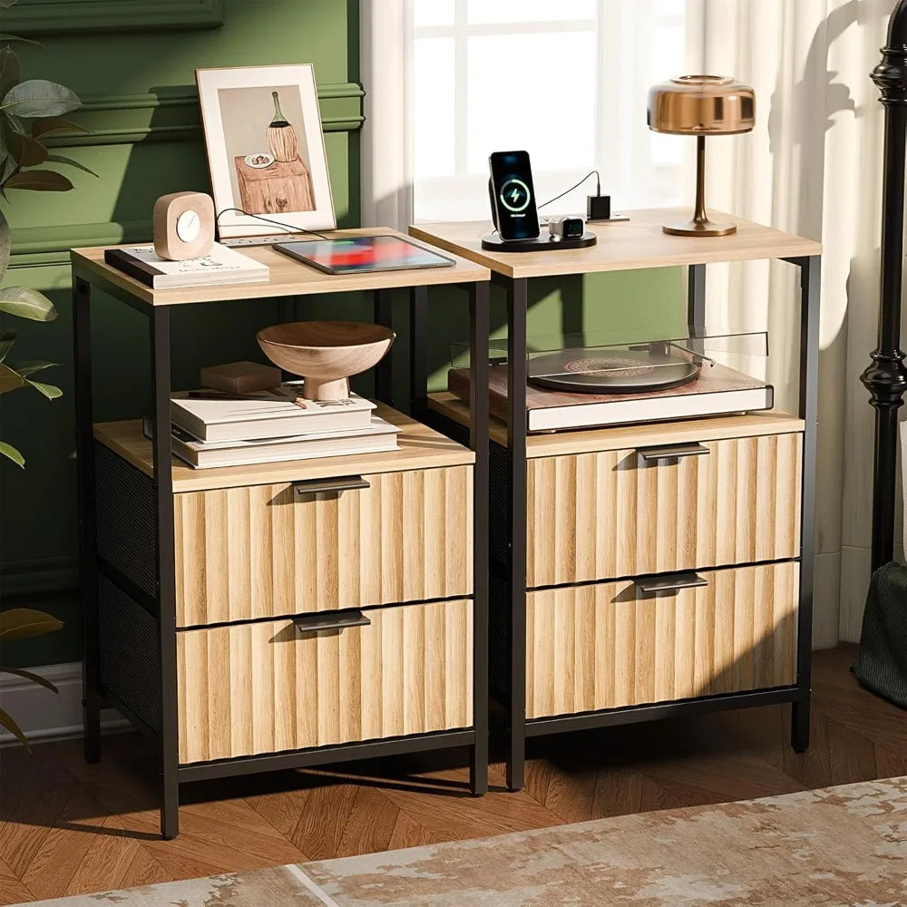 Night Stand with Charging Station & Led Light, 19" W Fluted Nightstand Round Edge, Wood Nightstand Mid Century Modern End Table,